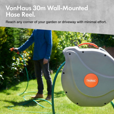 VonHaus Hose Reel, 30m Wall Mounted Hose Reel for Garden, Retractable Hose Reel Auto Rewind, Includes Wall Fixings, 180 Pivot