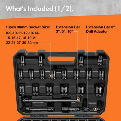 VonHaus Impact Socket Set 1/2 Inch Drive, 40pcs - contains Extension Bar, Drill Adapter, Universal Joint Socket, 1/2 - 3/8 Adapter
