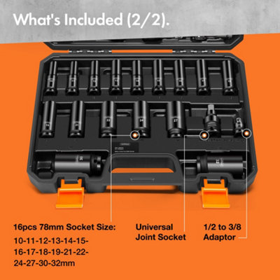 VonHaus Impact Socket Set 1/2 Inch Drive, 40pcs - contains Extension Bar, Drill Adapter, Universal Joint Socket, 1/2 - 3/8 Adapter
