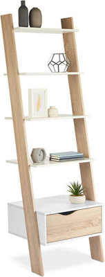 VonHaus Ladder Bookcase, Scandinavian Style, White & Light Oak Effect, Freestanding Storage Organiser Bookshelf With Open Shelves