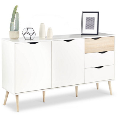 VonHaus Large Sideboard, Wide Storage Cabinet, White & Oak Wood Effect Sideboard w/ 2 Doors - for Living Room, Lounge & Hallway