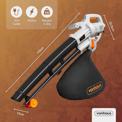 VonHaus Leaf Blower and Vacuum 3000W Garden Leaves Collector Clear Gardens Patios Gutters Driveways More