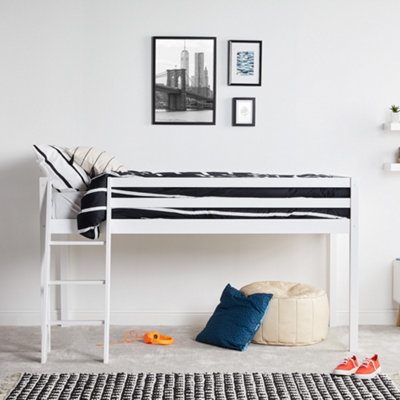 VonHaus Mid Sleeper Bed Frame, White Wooden Bunk Bed, Ladder & Solid Wood Pine Base, 3ft Raised Bed For Kids & Children's Bedroom