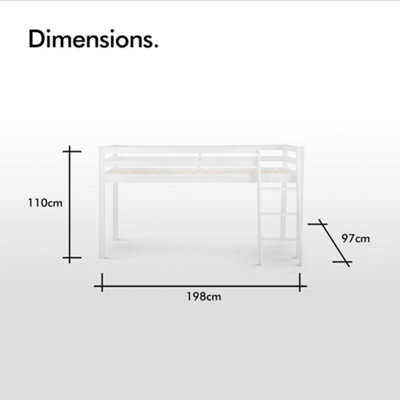 VonHaus Mid Sleeper Bed Frame White Wooden Bunk Bed Ladder Solid Wood Pine Base 3ft