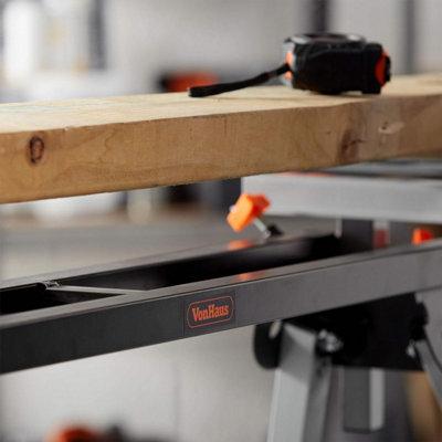 VonHaus Mitre Saw Stand - Foldable Universal Fit Saw Table with Extending Support Arms & Quick Release Clamps - 150kg Capacity - 7
