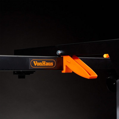 VonHaus Mitre Saw Stand - Foldable Universal Fit Saw Table with Extending Support Arms & Quick Release Clamps - 150kg Capacity - 9