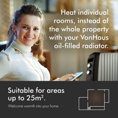 VonHaus Oil Filled Radiator Closed Fin, Electric Radiator Thermostatically Controlled, 2kw Oil Heater for Home, Office & More