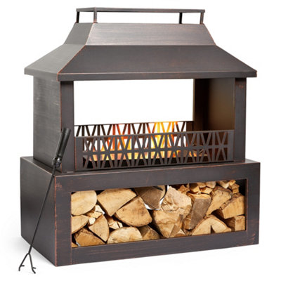 VonHaus Outdoor Fireplace Steel Fire Pit w Log Store for Garden