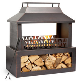 VonHaus Outdoor Fireplace, Steel Fire Pit w/ Log Store for Garden Patio w/ Brushed Geometric Design, Fuel w/ Wood, Logs, Charcoal