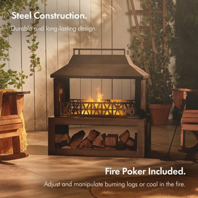 VonHaus Outdoor Fireplace, Steel Fire Pit w/ Log Store for Garden Patio w/ Brushed Geometric Design, Fuel w/ Wood, Logs, Charcoal