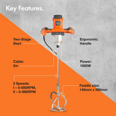 VonHaus Paddle Mixer Drill, Electric Stirrer/Mixer with Gear Selection and 2 Stage Safety Switch, 1600W Electric Mixing Paddle
