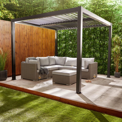 VonHaus Pergola with Retractable Roof 3x3m, Weatherproof Aluminium Pergola Canopy for Garden, Manual Tilting Roof, Drainage System