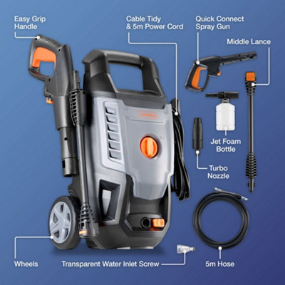 VonHaus Pressure Washer 1600W, Portable Power Washer for Patio, Car, Fences, Jet Wash w/ Accessories, 130 Bar Max Water Pressure