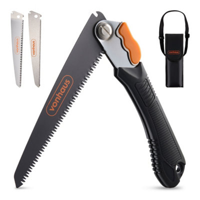 VonHaus Pruning Saw, Folding Hand Saw, 3 Blades, Safety Lock, Pouch, for Tree Pruning, Camping, Garden Jobs, Metals, Plastics