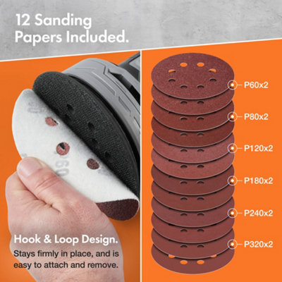 VonHaus Random Orbit Sander - Variable Speed up to 14000RPM with 12 Sanding Pads Included