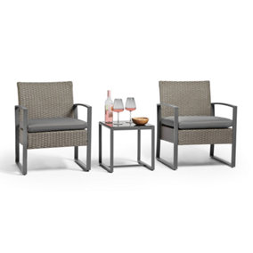VonHaus Rattan Effect Bistro Set, Grey Outdoor Table and Chairs, 2 Seater Patio Set, Weatherproof Balcony Furniture for 2 People