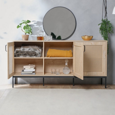 VonHaus Rattan Sideboard 3 Door Storage Cabinet for Living Room Light Wood Effect With Wicker Front Storage for Lounge Hallway