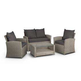 VonHaus Rattan Sofa Set, Premium Grey 4 Seater Lounge Set w/ Sofa, Glass Top Coffee Table & Armchairs for Garden, Terrace & Patio