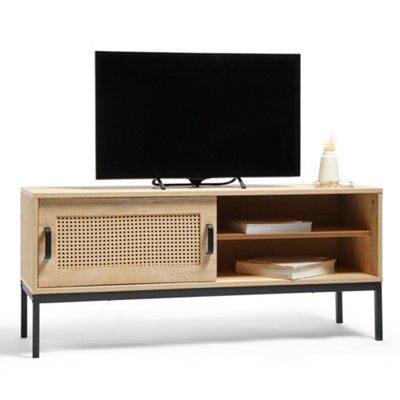 VonHaus Rattan TV Unit - Light Wood Effect TV Cabinet - Entertainment Unit w/Storage Cupboard & 2 Open Shelves for TV's up to 55"