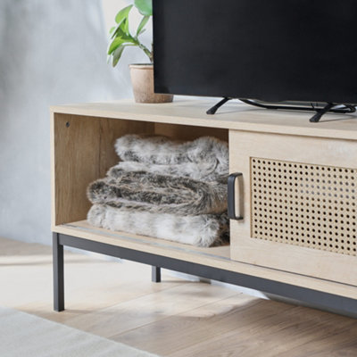 VonHaus Rattan TV Unit - Light Wood Effect TV Cabinet - Entertainment Unit w/Storage Cupboard & 2 Open Shelves for TV's up to 55"