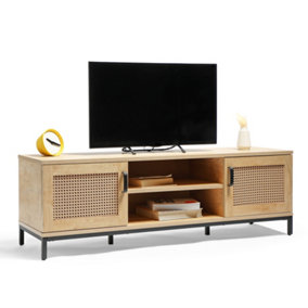 VonHaus Rattan TV Unit - Light Wood Wicker TV Cabinet - 2 Storage Cupboards & 2 Open Shelves Entertainment Unit, Max. 60" TV