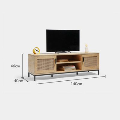 VonHaus Rattan TV Unit - Light Wood Wicker TV Cabinet - 2 Storage Cupboards & 2 Open Shelves Entertainment Unit, Max. 60" TV