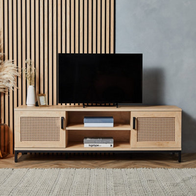 VonHaus Rattan TV Unit Light Wood Wicker TV Cabinet 2 Storage Cupboards 2 Open Shelves Entertainment Unit Max. 60 TV
