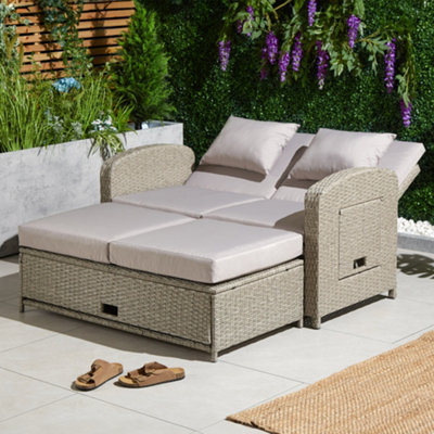 VonHaus Reclining Garden Sofa Set & Outdoor Sun Bed, Rattan Effect 3-in ...