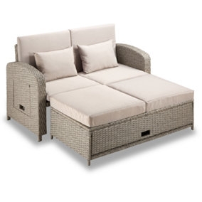 VonHaus Reclining Garden Sofa Set & Outdoor Sun Bed, Rattan Effect 3-in-1 Love Seat Sofa, Water-resistant Day Bed & Sofa Bed, Alba