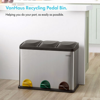 VonHaus Recycling Pedal Bin for Kitchen Waste - 45L Rubbish Capacity - Stainless Steel 3 Colour Coded Recycle Compartments w/ Lids