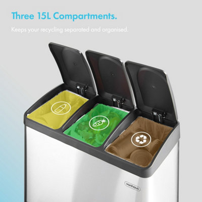 VonHaus Recycling Pedal Bin for Kitchen Waste - 45L Rubbish Capacity - Stainless Steel 3 Colour Coded Recycle Compartments w/ Lids - 3