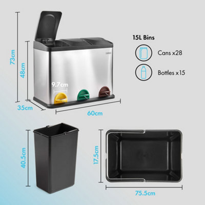 VonHaus Recycling Pedal Bin for Kitchen Waste - 45L Rubbish Capacity - Stainless Steel 3 Colour Coded Recycle Compartments w/ Lids - 7