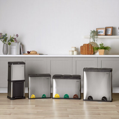 VonHaus Recycling Pedal Bin for Kitchen Waste - 45L Rubbish Capacity - Stainless Steel 3 Colour Coded Recycle Compartments w/ Lids - 9