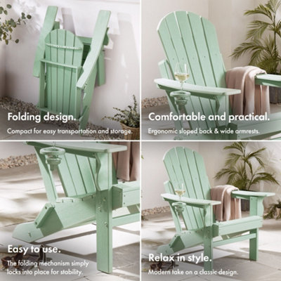 VonHaus Sage Green Folding Adirondack Chair, Foldable Chair for Garden, Terrace, Patio, Balcony & Outdoors, Waterproof HDPE