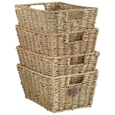 VonHaus Seagrass Storage Baskets, Set of 4 Natural Rattan Decorative Storage for Bathroom, Bedroom, Living Room & Home Office