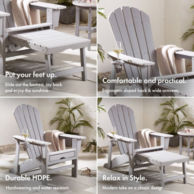 VonHaus Set of 2 Grey Adirondack Chair & Folding Foot Stool, Water Resistant HDPE Garden Chair & Lounger with Foldable Foot Rest