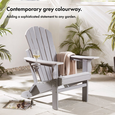 VonHaus Set of 2 Grey Folding Adirondack Chairs, Foldable Fire Pit Chairs for Garden, Waterproof HDPE Slatted