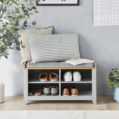 VonHaus Shoe Storage Bench with Padded Seat & 4 Open Storage Shelves - Grey Multifunctional Hall Shoe Rack Bench w/Ash Wood Veneer