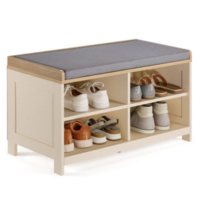 VonHaus Shoe Storage Bench with Padded Seat, Cream Hallway Bench & 4 Open Storage Shelves for Entryway & Porch, Ash Hall