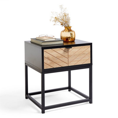VonHaus Side Table 1 Drawer with Chevron Design, Black & Light Wood Effect End Table for Living Room and Bedroom, Dalton