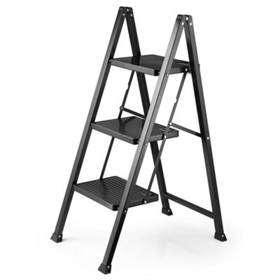 VonHaus Slim 3 Step Ladder with Anti Slip Steps and Feet, Black Lightweight Folding Stepladder - 150KG Max Capacity, Easy to Store