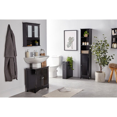 VonHaus Slim Bathroom Storage Unit, Freestanding Black Slimline Bathroom Cabinet Compact Bathroom Organiser, Drawer, Slide Shelves