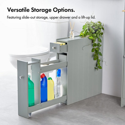 VonHaus Slim Bathroom Storage Unit, Freestanding Grey Slimline Bathroom Cabinet Compact Bathroom Organiser, Drawer, Slide Shelves