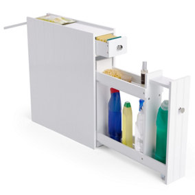 VonHaus Slim Bathroom Storage Unit, Freestanding White Slimline Bathroom Cabinet Compact Bathroom Organiser, Drawer, Slide Shelves