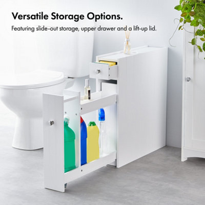 VonHaus Slim Bathroom Storage Unit, Freestanding White Slimline Bathroom Cabinet Compact Bathroom Organiser, Drawer, Slide Shelves