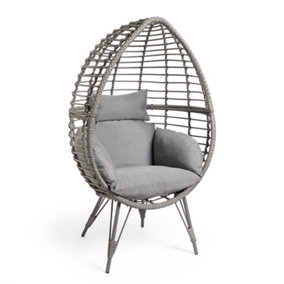 VonHaus Standing Egg Chair, Grey Rattan Weave Cocoon Seat w/ Water-Resistant Cushions, Garden Patio Furniture for Indoor/Outdoor