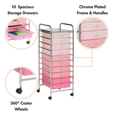 VonHaus Storage Trolley, 10 Drawer Pastel Pink Ombre Wheeled Makeup Trolley, Durable Plastic Storage Drawers and Organiser Frame