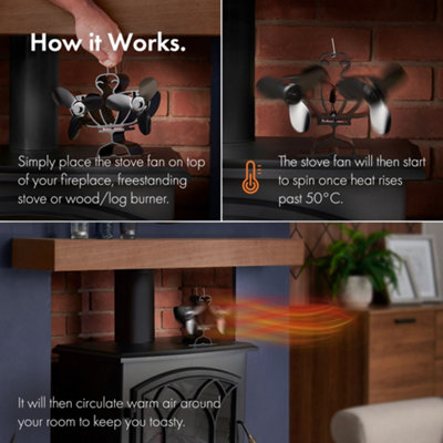 VonHaus Stove Fan with 6 Blades for Wood/Log Burners, Fireplaces, Stove  Heaters, Silent Operation, Eco Friendly, Self Powered | DIY at Bu0026Q