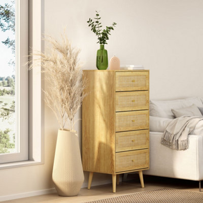 VonHaus Tall Chest of Drawers for Bedroom - Scandi Style Natural Rattan 5 Drawer Slim Chest of Drawers - Tall Drawers for Bedroom
