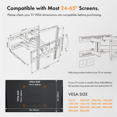 VonHaus Tilt & Swivel TV Bracket for 24-65" Screens, TV Wall Mount w/Spirit Level, 45kg Capacity, Max VESA: 400x400mm